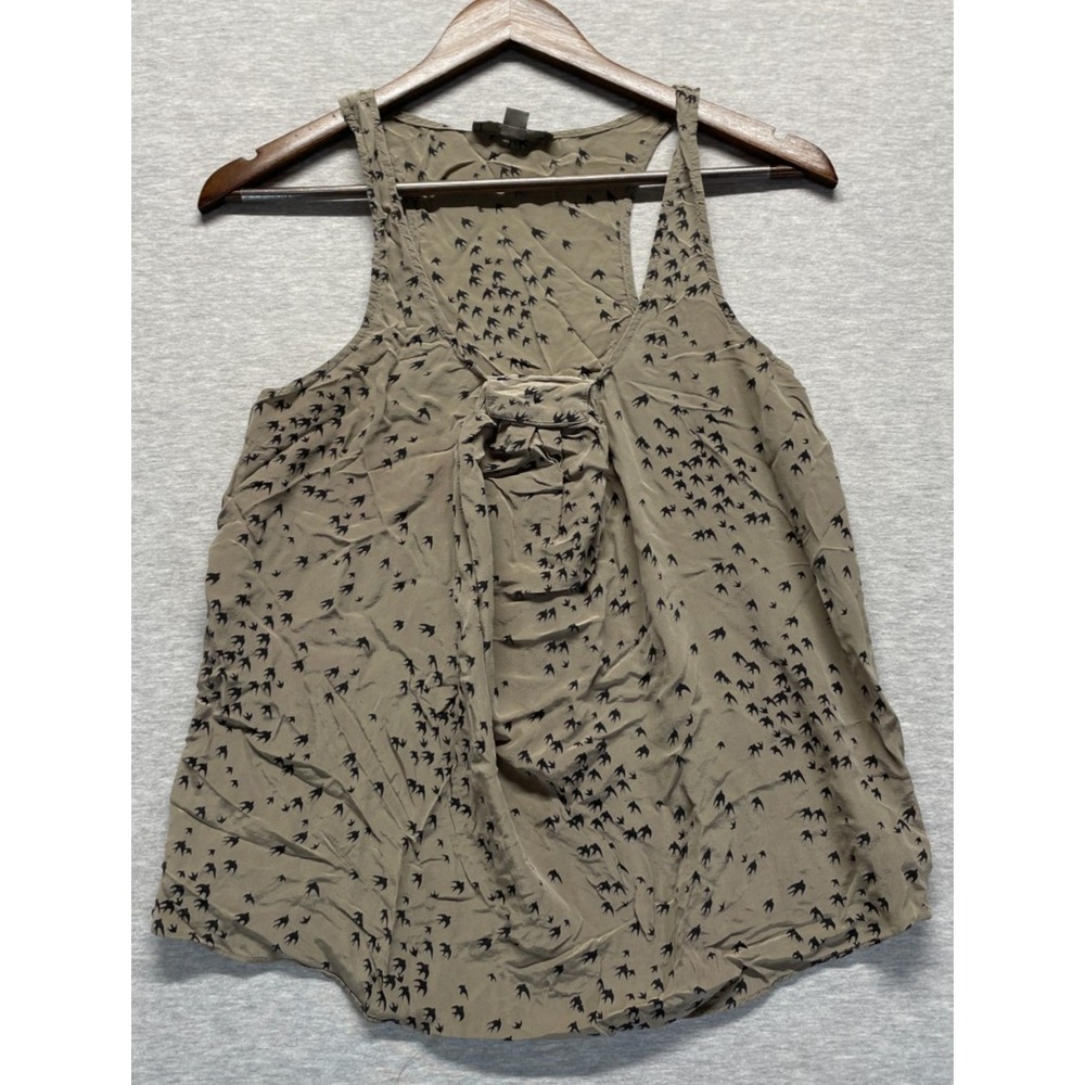 Love 21 Silk Tank Top Womens S Olive Green All Over Black Birds Gathered Front